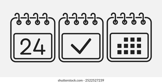 Set vector icons page calendar - day 24, mark done, agenda app. Mark business, deadline, date icon. Pictogram yes, success, check, approved, confirm and reminder. Date schedule, to-do list