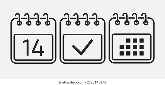 Set vector icons page calendar - day 14, mark done, agenda app. Mark business, deadline, date icon. Pictogram yes, success, check, approved, confirm and reminder. Date schedule, to-do list