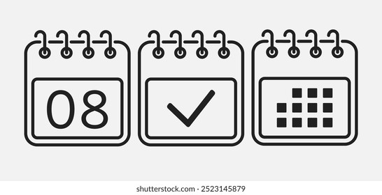 Set vector icons page calendar - day 8, mark done, agenda app. Mark business, deadline, date icon. Pictogram yes, success, check, approved, confirm and reminder. Date schedule, to-do list