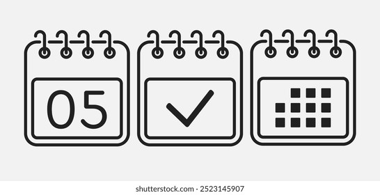 Set vector icons page calendar - day 5, mark done, agenda app. Mark business, deadline, date icon. Pictogram yes, success, check, approved, confirm and reminder. Date schedule, to-do list