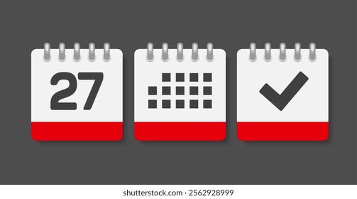 Set vector icons page calendar - day 27, mark done, agenda app. Mark business, deadline, date icon. Pictogram yes, success, check, approved, confirm and reminder. Date schedule