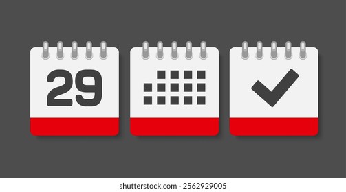 Set vector icons page calendar - day 29, mark done, agenda app. Mark business, deadline, date icon. Pictogram yes, success, check, approved, confirm and reminder. Date schedule