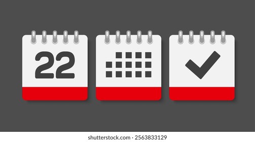 Set vector icons page calendar - day 22, mark done, agenda app. Mark business, deadline, date icon. Pictogram yes, success, check, approved, confirm and reminder. Date schedule