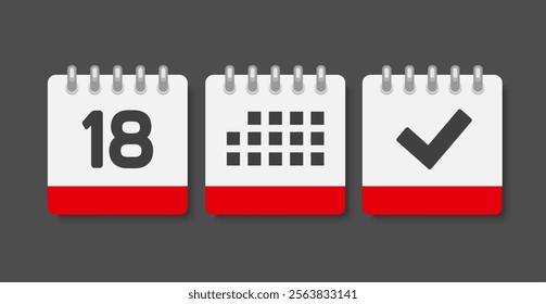 Set vector icons page calendar - day 18, mark done, agenda app. Mark business, deadline, date icon. Pictogram yes, success, check, approved, confirm and reminder. Date schedule