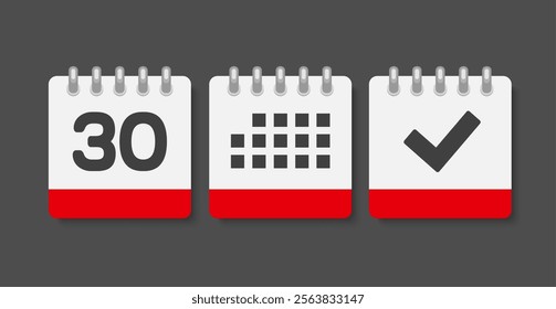 Set vector icons page calendar - day 30, mark done, agenda app. Mark business, deadline, date icon. Pictogram yes, success, check, approved, confirm and reminder. Date schedule