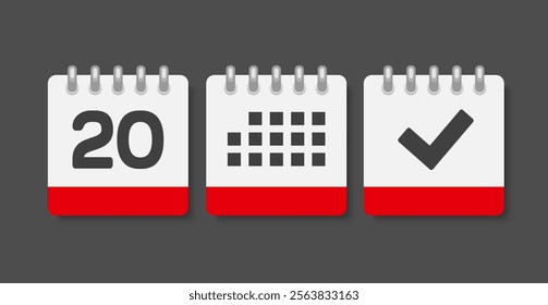 Set vector icons page calendar - day 20, mark done, agenda app. Mark business, deadline, date icon. Pictogram yes, success, check, approved, confirm and reminder. Date schedule