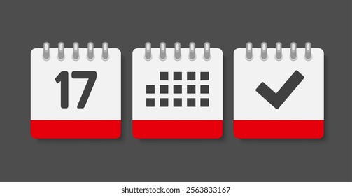 Set vector icons page calendar - day 17, mark done, agenda app. Mark business, deadline, date icon. Pictogram yes, success, check, approved, confirm and reminder. Date schedule