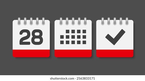 Set vector icons page calendar - day 28, mark done, agenda app. Mark business, deadline, date icon. Pictogram yes, success, check, approved, confirm and reminder. Date schedule