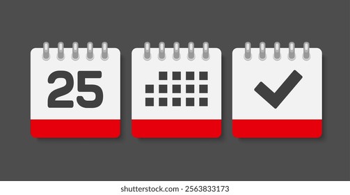 Set vector icons page calendar - day 25, mark done, agenda app. Mark business, deadline, date icon. Pictogram yes, success, check, approved, confirm and reminder. Date schedule