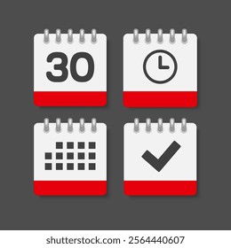 Set vector icons page calendar - day 30, agenda app, check and timer. Mark business, deadline, date icon. Pictogram yes, success, done, approved, confirm and reminder. Time, countdown and reminder