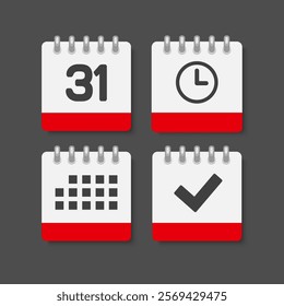 Set vector icons page calendar - day 31, agenda app, check and timer. Mark business, deadline, date icon. Pictogram yes, success, done, approved, confirm and reminder. Time, countdown and reminder