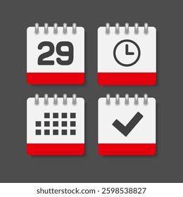 Set vector icons page calendar - day 29, agenda app, check and timer. Mark business, deadline, date icon. Pictogram yes, success, done, approved, confirm and reminder. Time, countdown and reminder