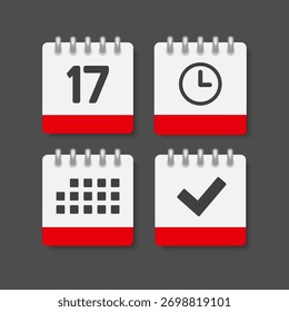 Definir calendário de página de ícones vetoriais - dia 17, aplicativo de agenda, cheque e temporizador. Marcar negócio, prazo, ícone de data. Pictograma sim, sucesso, concluído, aprovado, confirmação e lembrete. Tempo, contagem regressiva e lembrete
