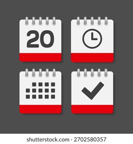 Definir calendário da página de ícones vetoriais - dia 20, aplicativo de agenda, cheque e temporizador. Marcar negócio, prazo, ícone de data. Pictograma sim, sucesso, concluído, aprovado, confirmação e lembrete. Tempo, contagem regressiva e lembrete