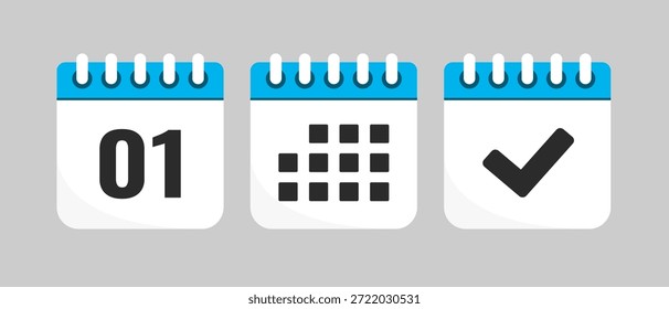 Establecer el calendario de la página de iconos vectoriales - día 1, App de la agenda, hecho. Marcar negocio, fecha límite, icono de fecha. Pictograma sí, éxito, comprobación, aprobación, confirmación y recordatorio. Calendario de fechas, lista de tareas pendientes