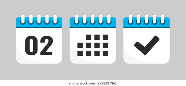 Establecer el calendario de la página de iconos vectoriales - día 2, App de la agenda, hecho. Marcar negocio, fecha límite, icono de fecha. Pictograma sí, éxito, comprobación, aprobación, confirmación y recordatorio. Calendario de fechas, lista de tareas pendientes