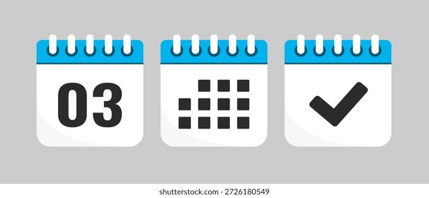 Set vector icons page calendar - day 3, agenda app, done. Mark business, deadline, date icon. Pictogram yes, success, check, approved, confirm and reminder. Date schedule, to-do list