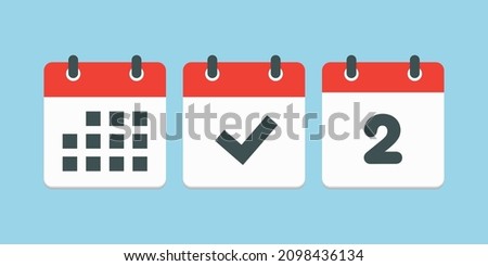 Set vector icons page calendar - number 2, mark done, agenda app. Date of week, month, year. Marks business, deadline, date icon. Yes, success, check, approved, confirm reminder and schedule
