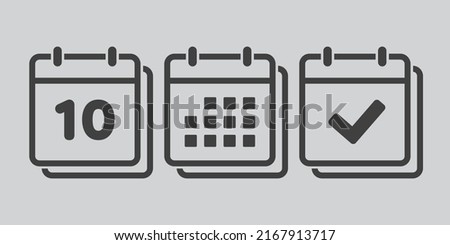 Set vector icons page calendar - number 10, mark done, agenda app. Mark business, deadline, date icon. Pictogram yes, success, check, approved, confirm and reminder. Date schedule ten