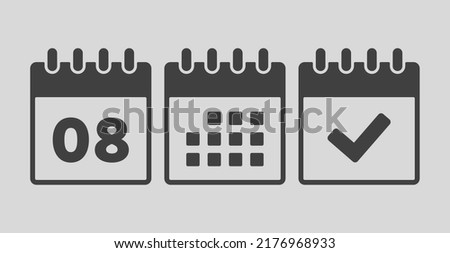 Set vector icons page calendar - number 8, mark done, agenda app. Mark business, deadline, date icon. Pictogram yes, success, check, approved, confirm and reminder. Date schedule eight