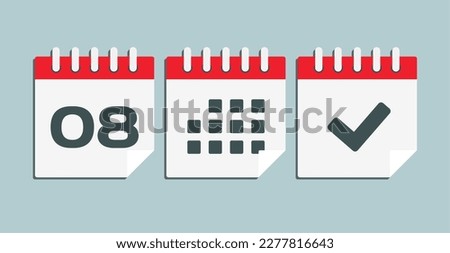 Set vector icons page calendar - day 8, mark done, agenda app. Mark business, deadline, date icon. Pictogram yes, success, check, approved, confirm and reminder. Date schedule