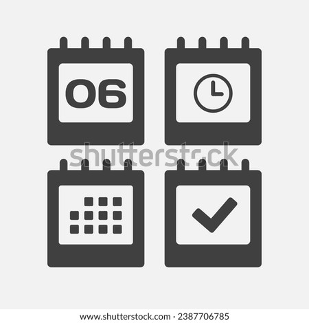 Set vector icons page calendar - day 6, mark done, agenda app, timer. Mark business, deadline, date icon. Pictogram yes, success, check, approved, confirm and reminder. Time, countdown and reminder
