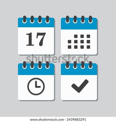 Set vector icons page calendar - number 17, agenda app, timer, mark done. Yes, success, check, approved, confirm reminder and schedule. Time, clock and reminder