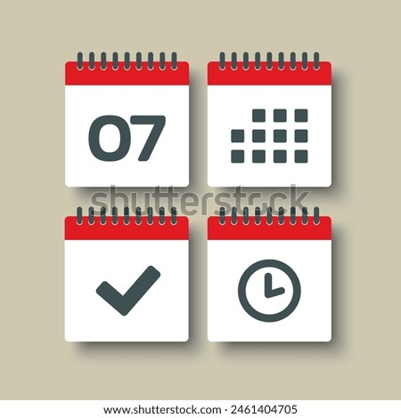Set vector icons page calendar - day 7, mark done, agenda app, timer. Mark business, deadline, date icon. Pictogram yes, success, check, approved, confirm and reminder. Time, countdown and reminder