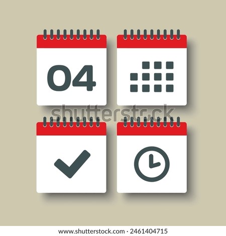 Set vector icons page calendar - day 4, mark done, agenda app, timer. Mark business, deadline, date icon. Pictogram yes, success, check, approved, confirm and reminder. Time, countdown and reminder