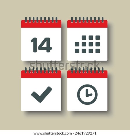 Set vector icons page calendar - day 14, mark done, agenda app, timer. Mark business, deadline, date icon. Pictogram yes, success, check, approved, confirm and reminder. Time, countdown and reminder