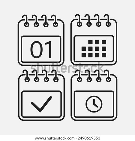 Set vector icons page calendar - day 1, mark done, agenda app, timer. Mark business, deadline, date icon. Pictogram yes, success, check, approved, confirm and reminder. Time, countdown and reminder