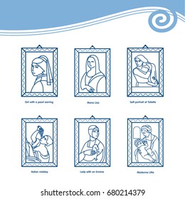 Set of vector icons of paintings by famous artists. Mona Lisa, the portrait Serebryakova, lady with an ermine, Italian afternoon, the Madonna Litta, the girl with a pearl earring