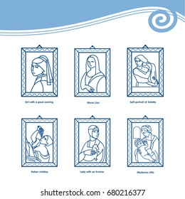 Set of vector icons of paintings by famous artists. Mona Lisa, the portrait Serebryakova, lady with an ermine, Italian afternoon, the Madonna Litta, the girl with a pearl earring