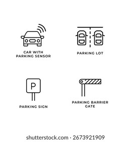 Legen Sie Vektorsymbole für Parksensoren, Parkplatz, eine Hand mit Parkausweis und ein Parkeingangsschild fest.