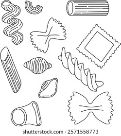 A set of vector icons for pasta. Ravioli, penne, shells, farfalle. Icons for menus, posters, and postcards