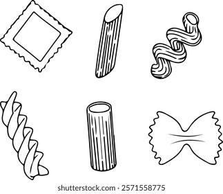 A set of vector icons for pasta. Ravioli, penne, shells, farfalle. Icons for menus, posters, and postcards