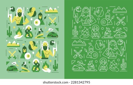 Set of vector icons in a pattern: eagle, baby, mountains, cactus, rider, warrior, crossed swords, etc. Pattern in light green color.