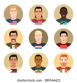 Set of vector icons - people of different nationalities. Men