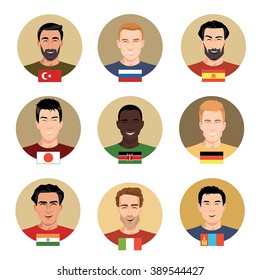 Set of vector icons - people of different nationalities in cartoon style. Men