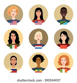 Set of vector icons - people of different nationalities. Women