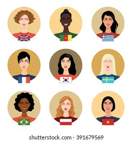 Set of vector icons - people of different nationalities. Girls