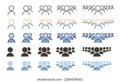 Set of vector icons of a person, a team, crowd, multiple persons in 4 different styles and with multiple number of people.