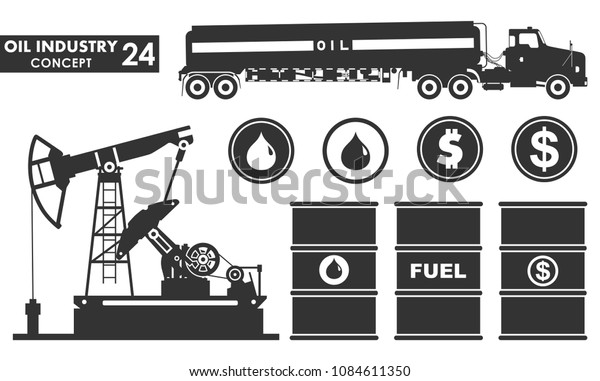 Set vector icons of petroleum and oil industry\
concept. Different silhouettes of gasoline truck, oil pump, barrel.\
Dollar and drops sign.