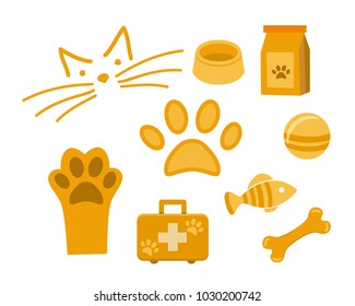 set of Vector icons of pets for vet or shop. Orange Symbols Cat muzzle, bowl, fish, bone, ball, paw isolated on  white background.