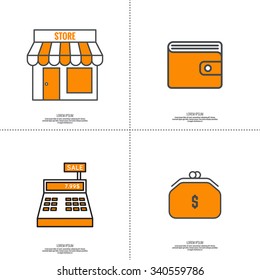 Set of vector icons pictograms in flat style. Purse, shop, cash desk, Wallet. 