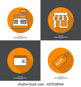 Set of vector icons pictograms in flat style. Purse, shop, cash desk, tag, Wallet. 