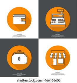 Set of vector icons pictograms in flat style of mobile and web applications. Purse, shop, cash desk, Wallet.