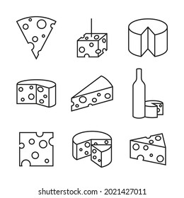 Set of vector icons with pieces of cheese in a linear style. Editable stroke. 