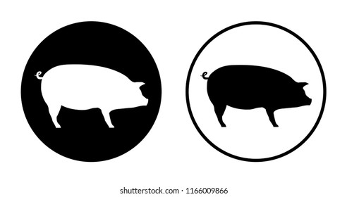 Set of vector icons of a pig. Sign for the pig farm. Vector black and white illustration of a big hog.