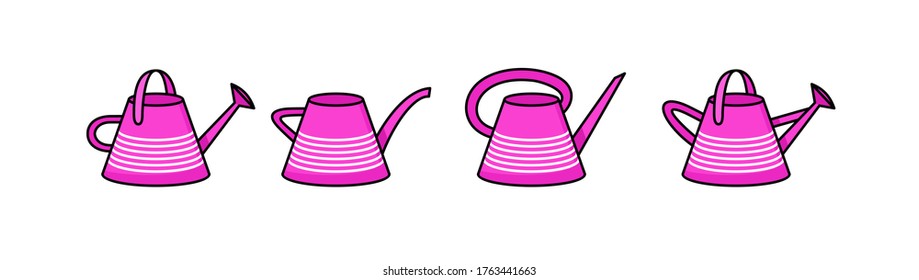 Set of vector icons with pink watering cans. Vector illustration of garden supplies. Home decor.